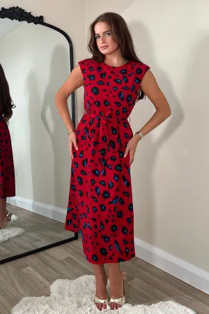 Amay Red Animal Shoulder Pad Midi Dress