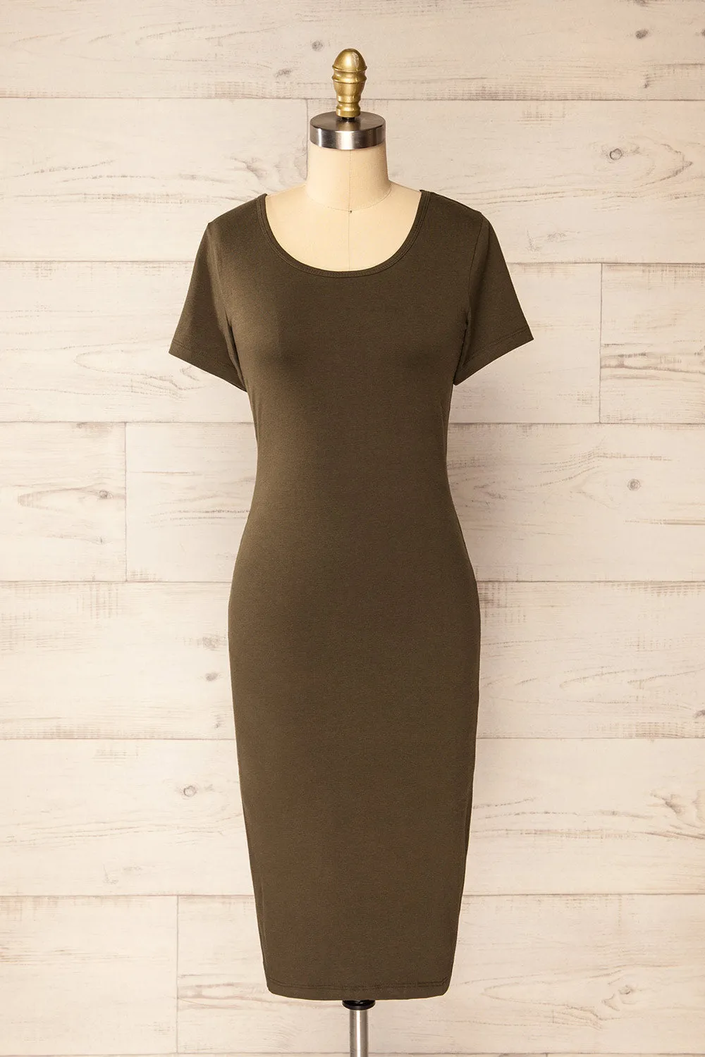 Athens Khaki | Short Sleeve Fitted Midi Dress