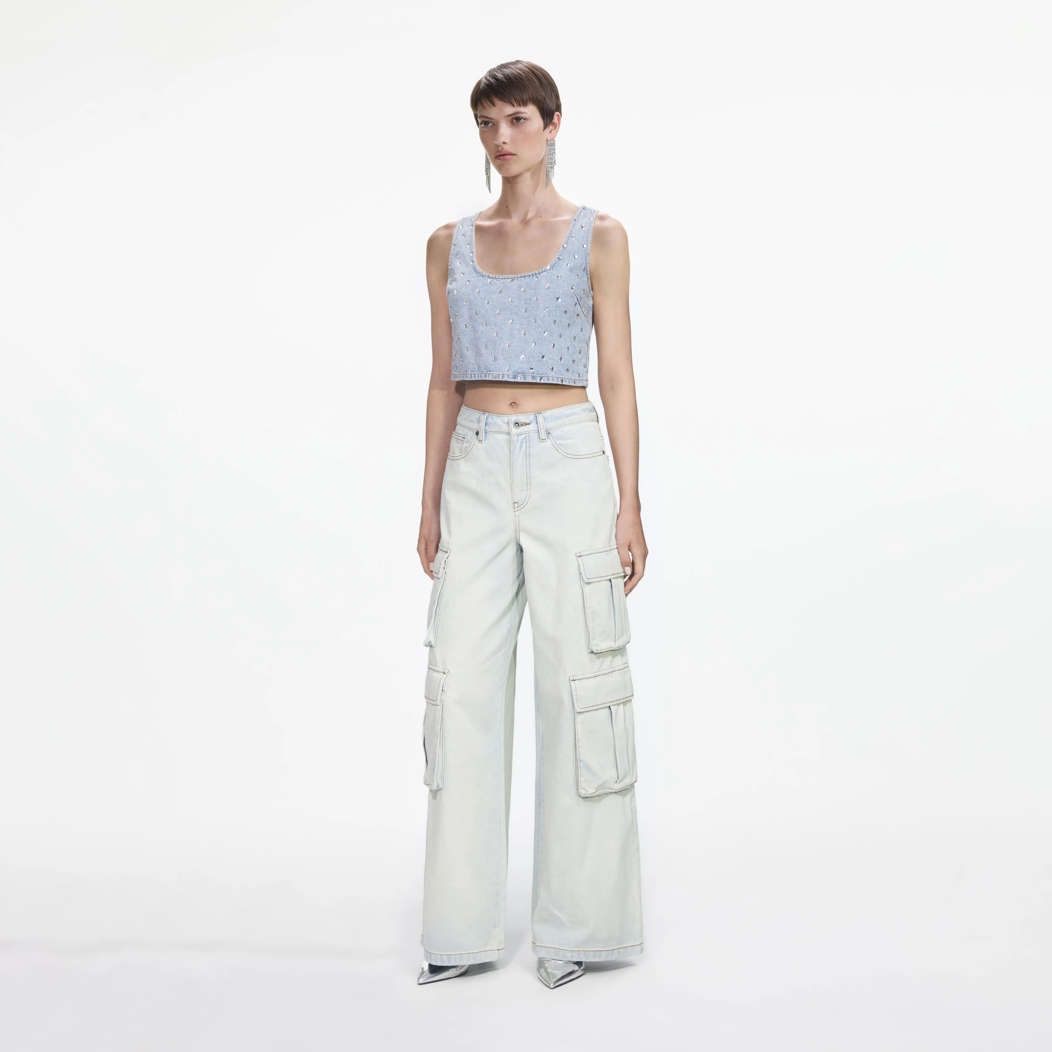 Bleach Wash Denim Cargo Jeans