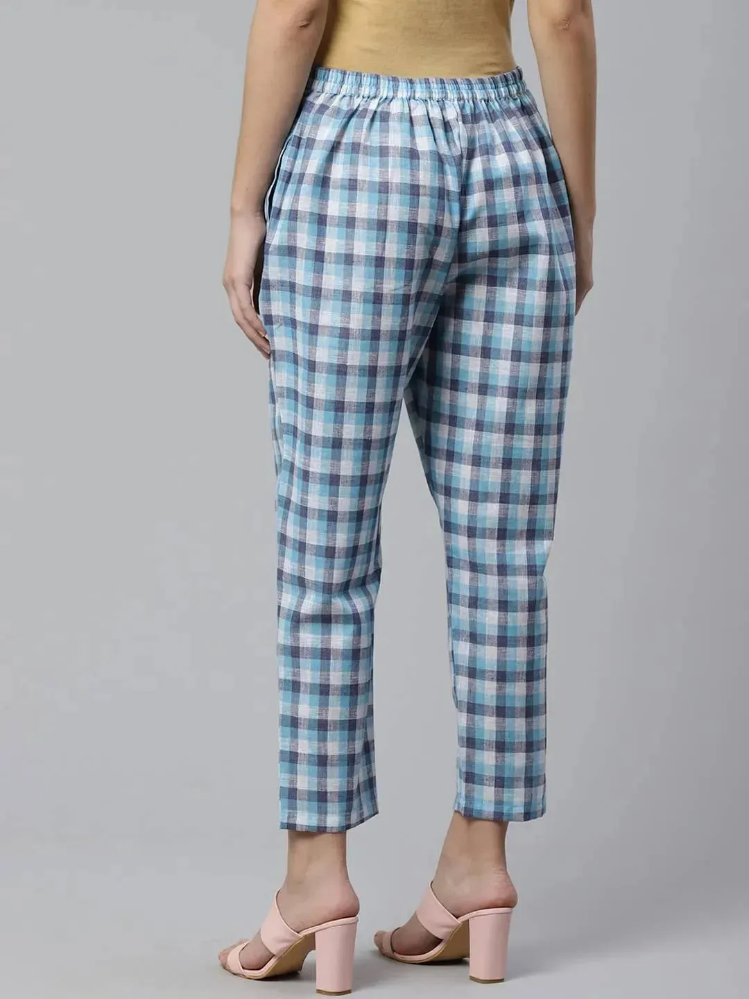 Blue Checkered Cotton Trousers