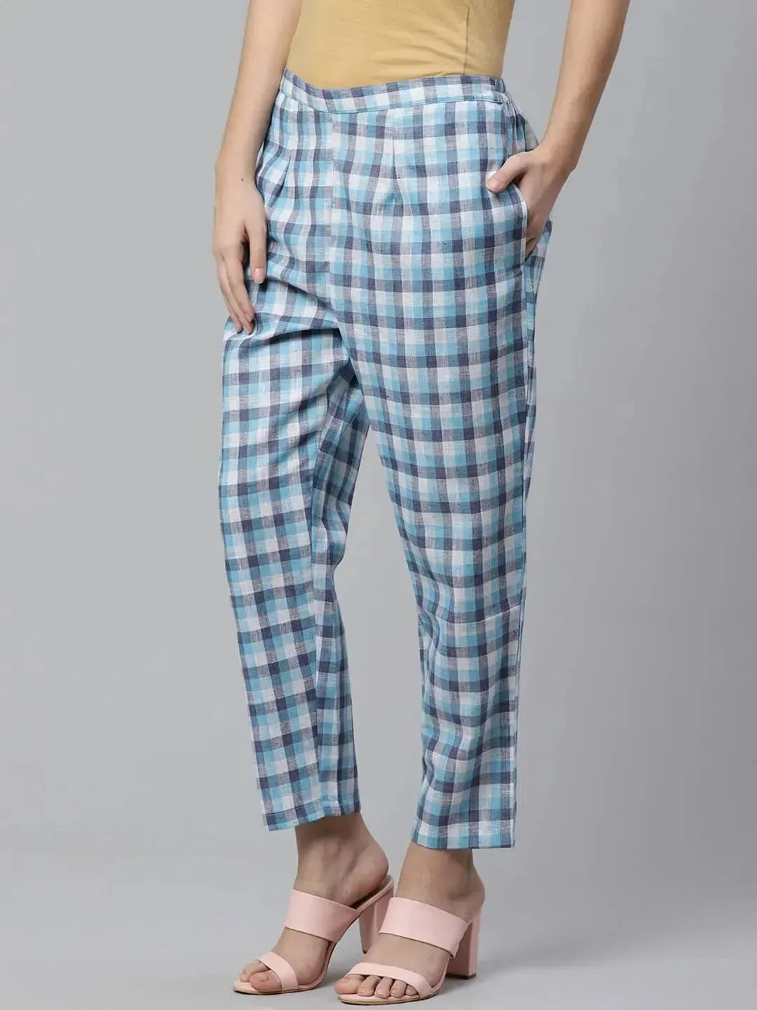 Blue Checkered Cotton Trousers
