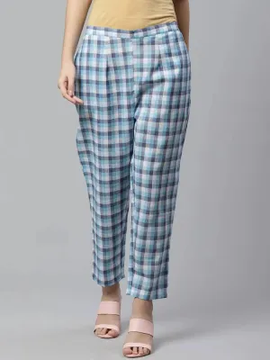 Blue Checkered Cotton Trousers