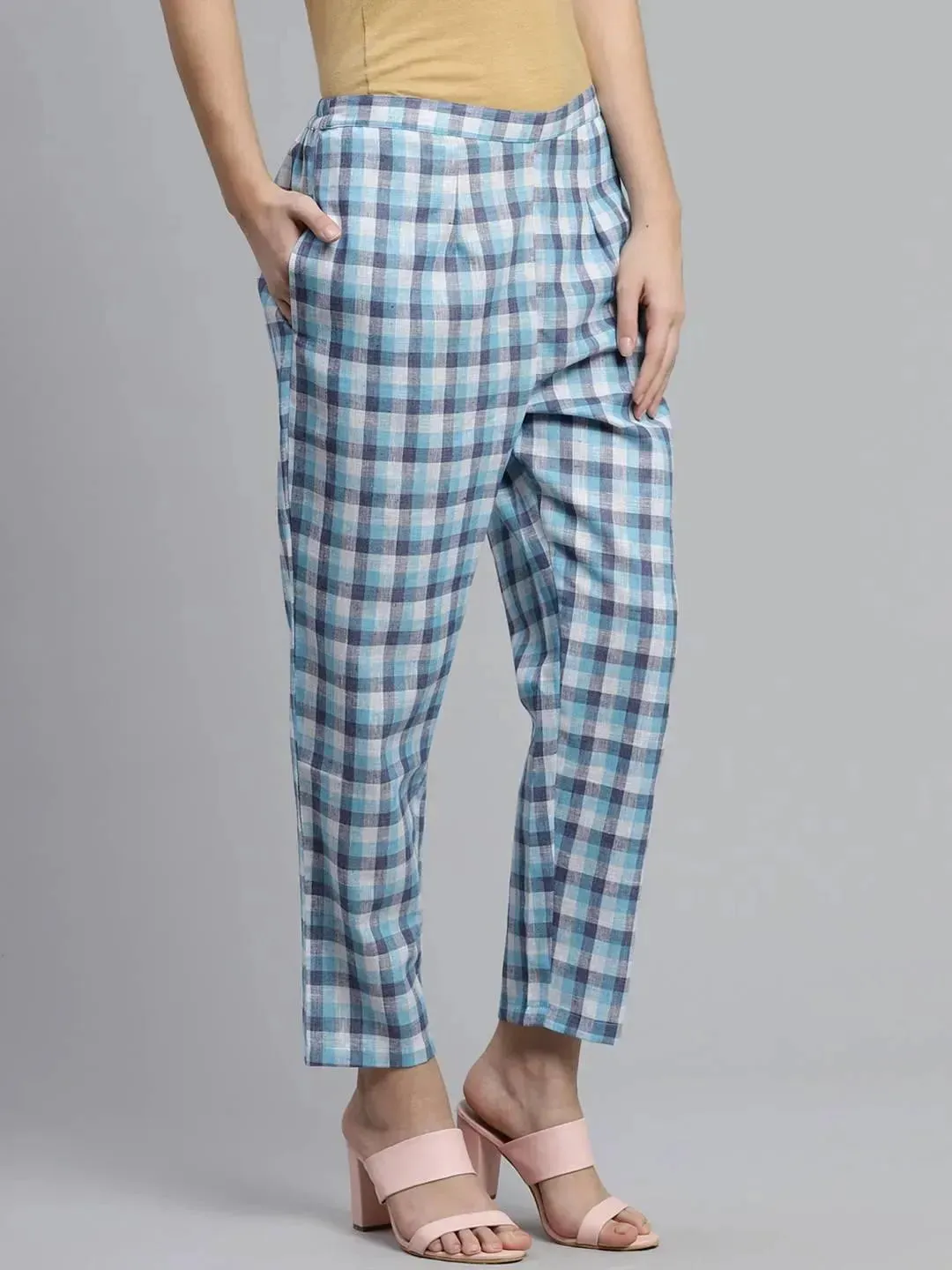 Blue Checkered Cotton Trousers