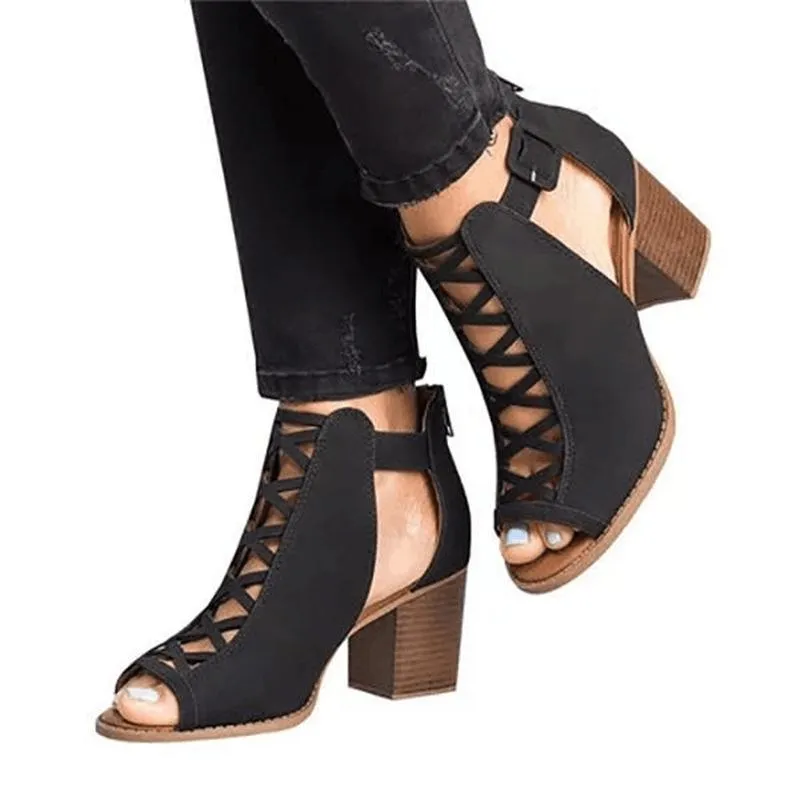 Chicvane Criss Cross Straps Gladiator Shoes Chunky Heel Sandals