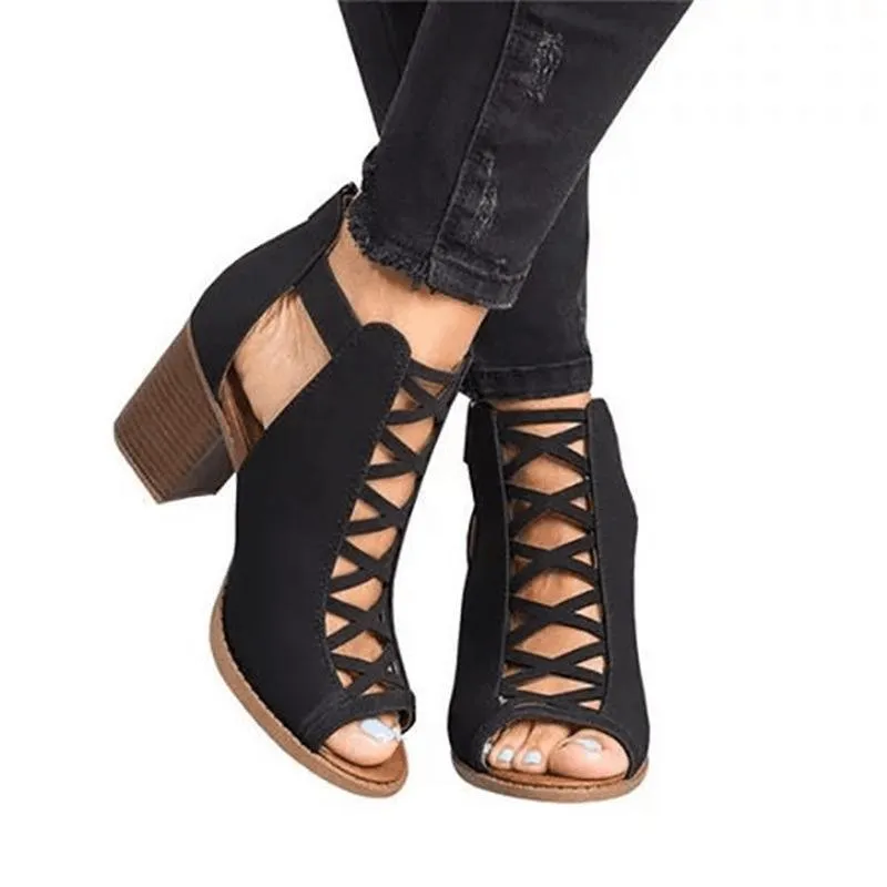 Chicvane Criss Cross Straps Gladiator Shoes Chunky Heel Sandals