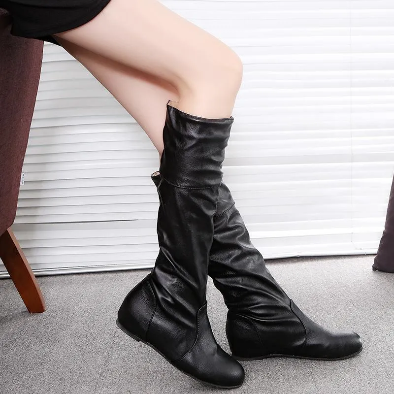 Chicvane New Autumn Winter Women's Crumpled Slip-On Knee High Boots