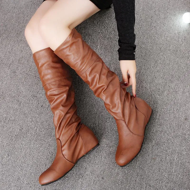 Chicvane New Autumn Winter Women's Crumpled Slip-On Knee High Boots