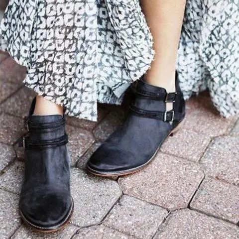 Chicvane New Pointed Toe Buckle Closure Slip-On Chunky Heel Ankle Boots