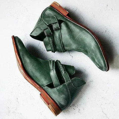Chicvane New Pointed Toe Buckle Closure Slip-On Chunky Heel Ankle Boots