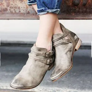 Chicvane New Pointed Toe Buckle Closure Slip-On Chunky Heel Ankle Boots