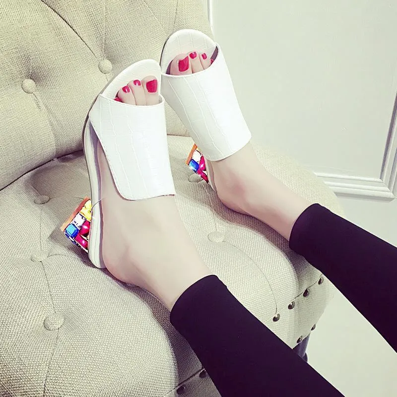 Chicvane Peep Toe Mules Multicolor Rhinestone Chunky Heel Slides Shoes