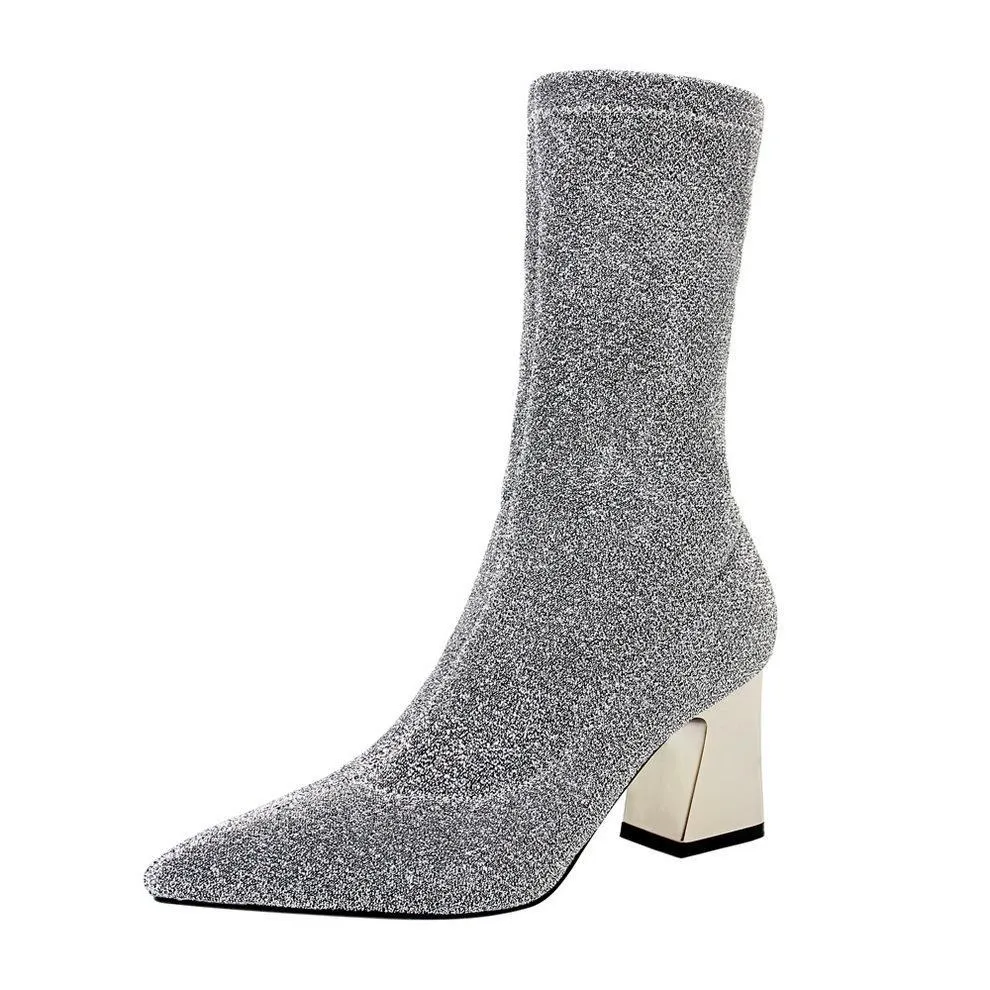 Chicvane Shiny Stretch Pointed Toe Chunky Heel Mid Calf Boots