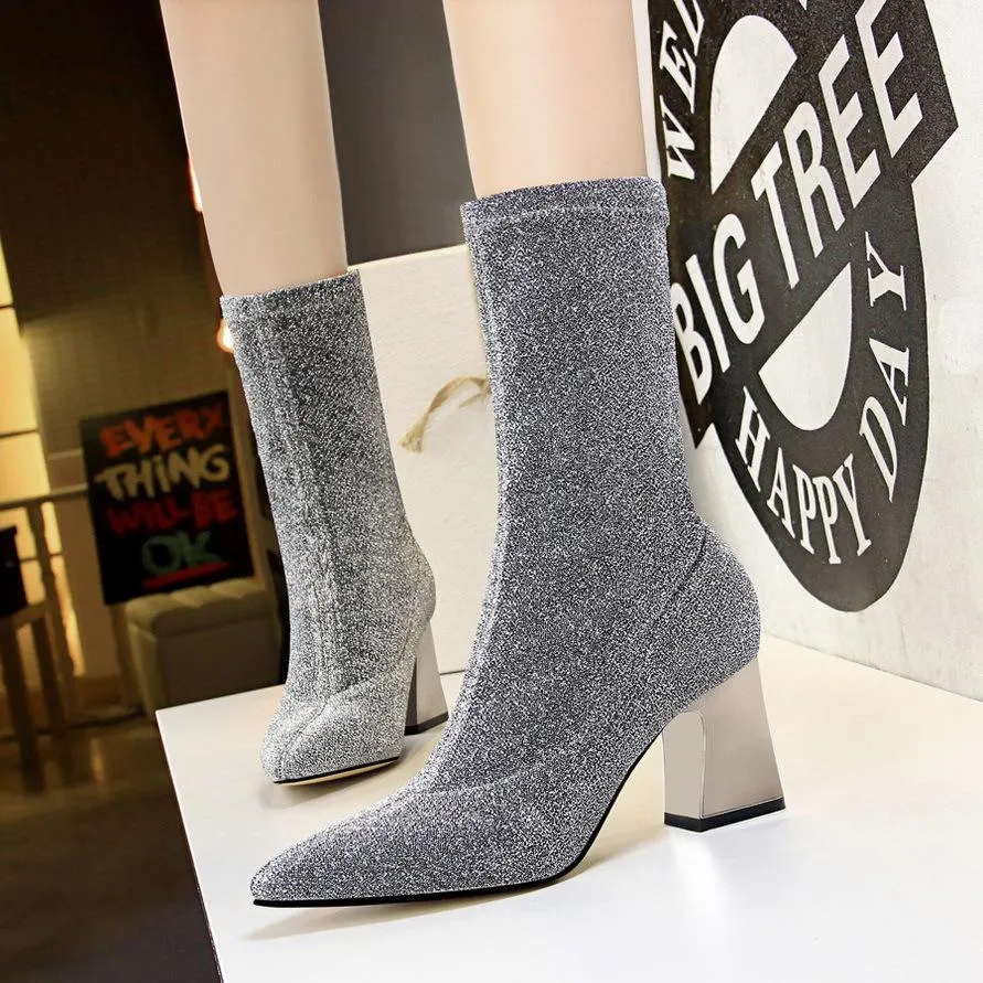 Chicvane Shiny Stretch Pointed Toe Chunky Heel Mid Calf Boots