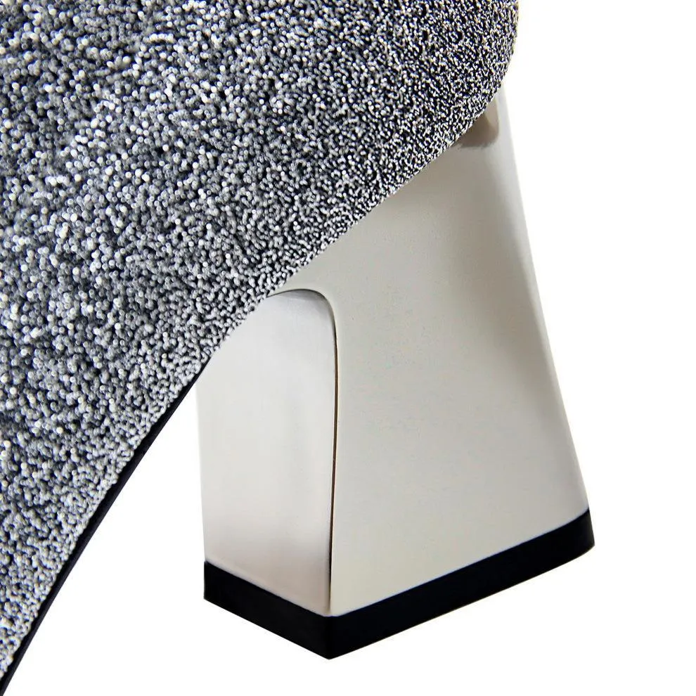 Chicvane Shiny Stretch Pointed Toe Chunky Heel Mid Calf Boots