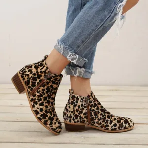 Chicvane Womens Leopard Printed Round Toe Chunky Heel Zipper Closure Ankle Boots