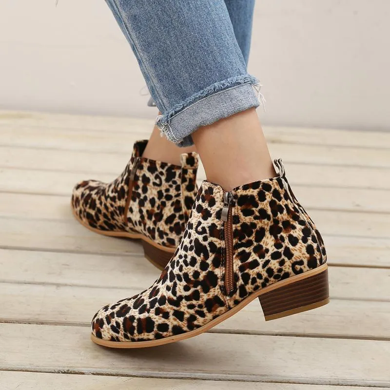 Chicvane Womens Leopard Printed Round Toe Chunky Heel Zipper Closure Ankle Boots