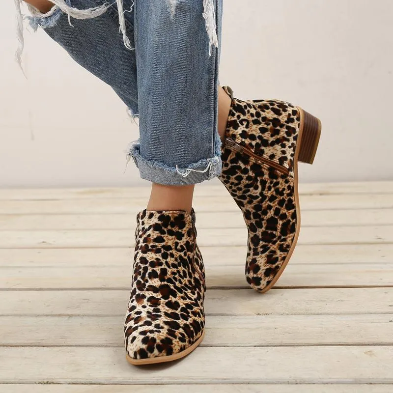 Chicvane Womens Leopard Printed Round Toe Chunky Heel Zipper Closure Ankle Boots