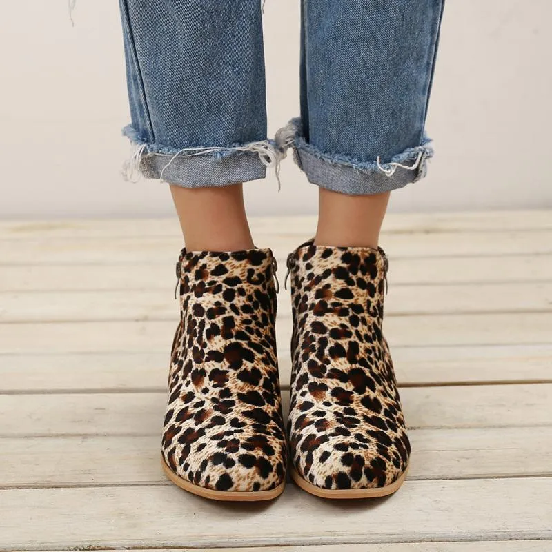 Chicvane Womens Leopard Printed Round Toe Chunky Heel Zipper Closure Ankle Boots