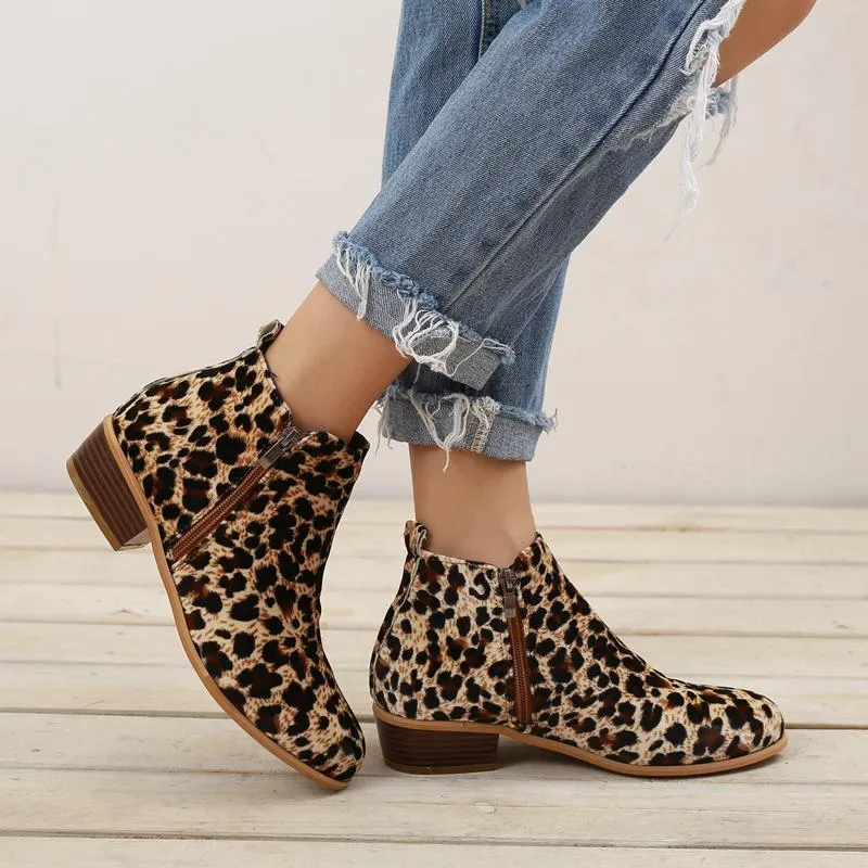 Chicvane Womens Leopard Printed Round Toe Chunky Heel Zipper Closure Ankle Boots