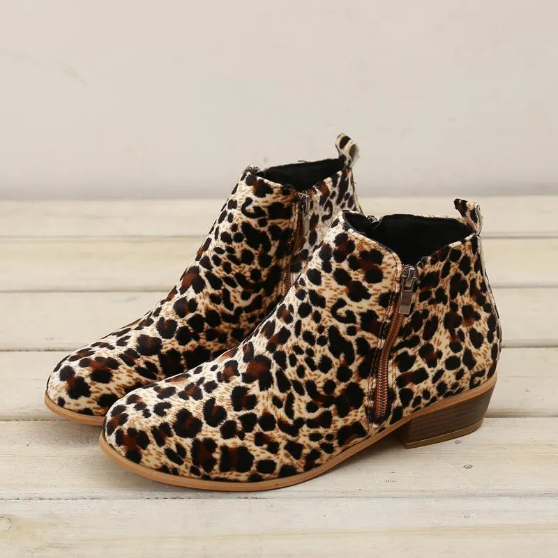 Chicvane Womens Leopard Printed Round Toe Chunky Heel Zipper Closure Ankle Boots