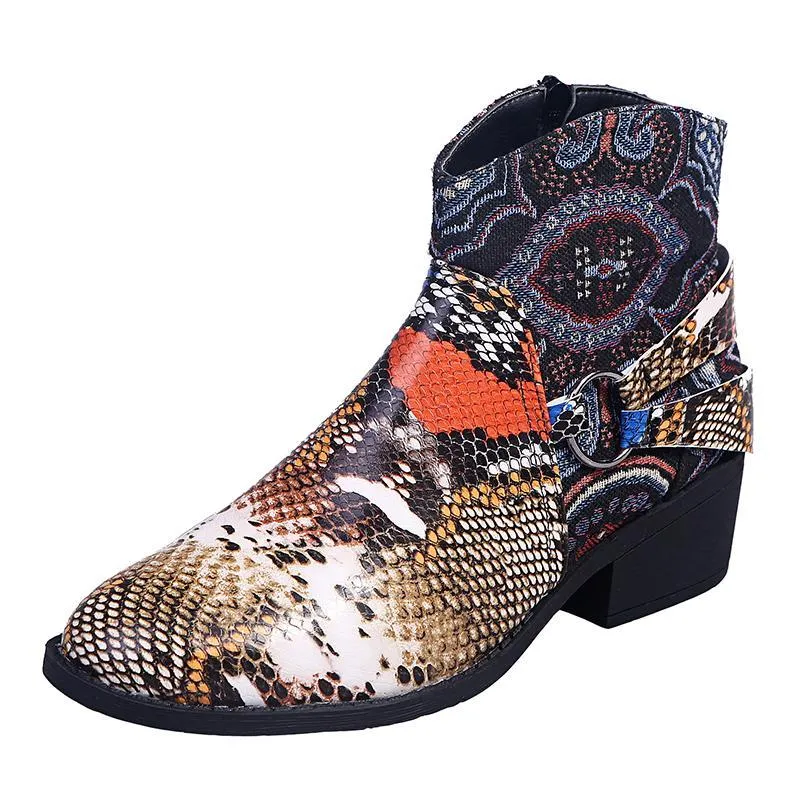Chicvane Womens Snakeskin Printed Pointed Toe Low Chunky Heel Zipper Closure Ankle Boots