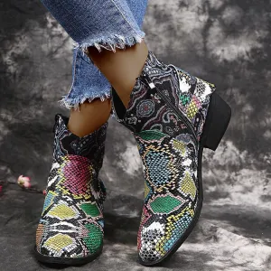 Chicvane Womens Snakeskin Printed Pointed Toe Low Chunky Heel Zipper Closure Ankle Boots
