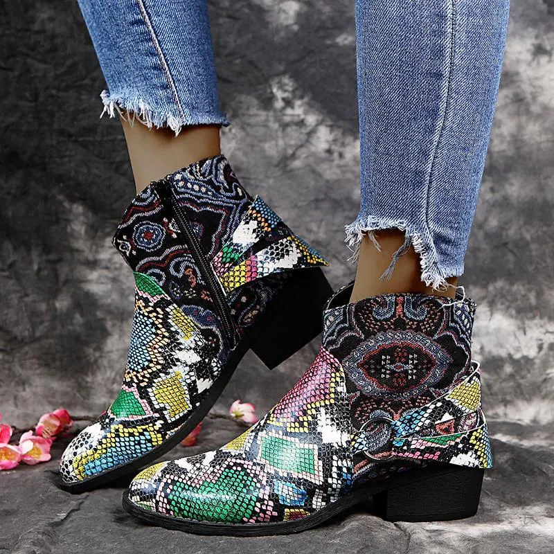 Chicvane Womens Snakeskin Printed Pointed Toe Low Chunky Heel Zipper Closure Ankle Boots