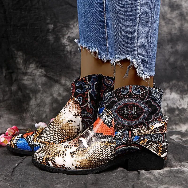 Chicvane Womens Snakeskin Printed Pointed Toe Low Chunky Heel Zipper Closure Ankle Boots