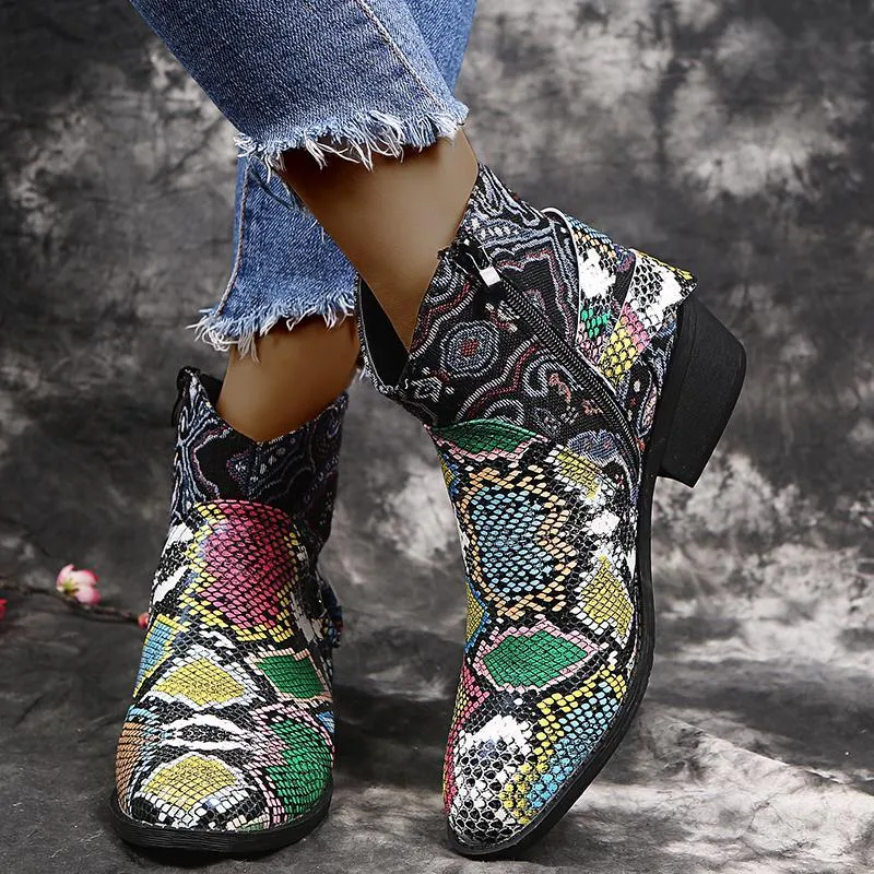 Chicvane Womens Snakeskin Printed Pointed Toe Low Chunky Heel Zipper Closure Ankle Boots