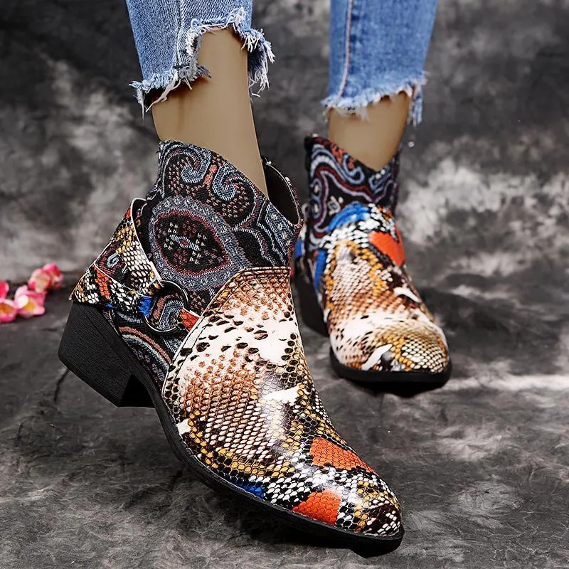Chicvane Womens Snakeskin Printed Pointed Toe Low Chunky Heel Zipper Closure Ankle Boots