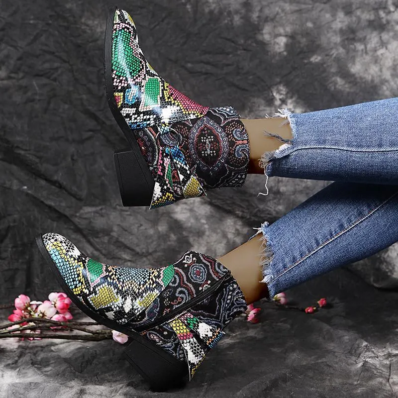 Chicvane Womens Snakeskin Printed Pointed Toe Low Chunky Heel Zipper Closure Ankle Boots