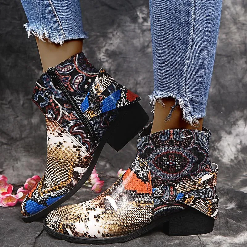 Chicvane Womens Snakeskin Printed Pointed Toe Low Chunky Heel Zipper Closure Ankle Boots