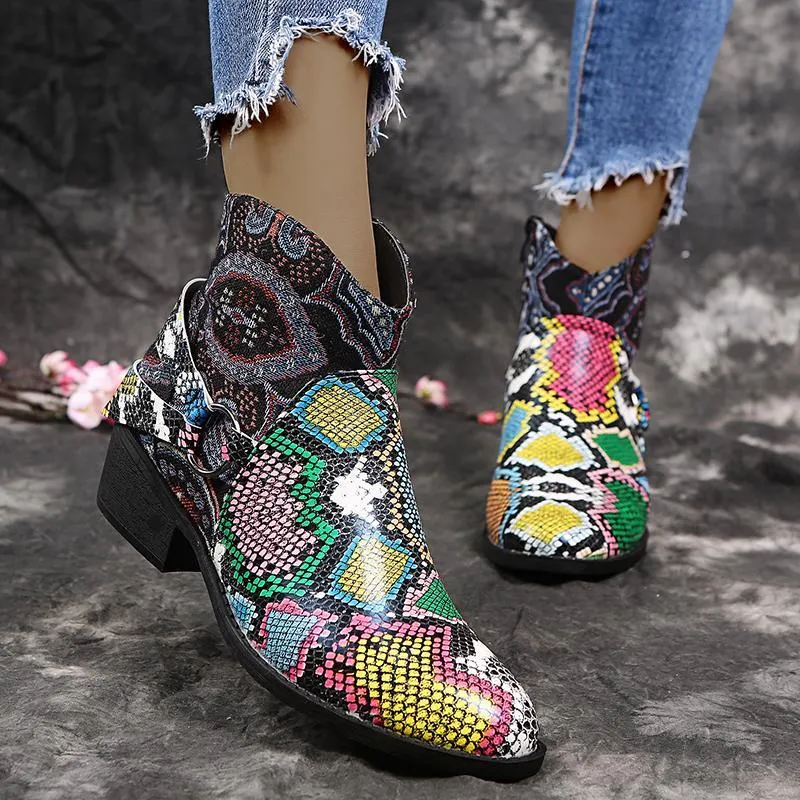Chicvane Womens Snakeskin Printed Pointed Toe Low Chunky Heel Zipper Closure Ankle Boots