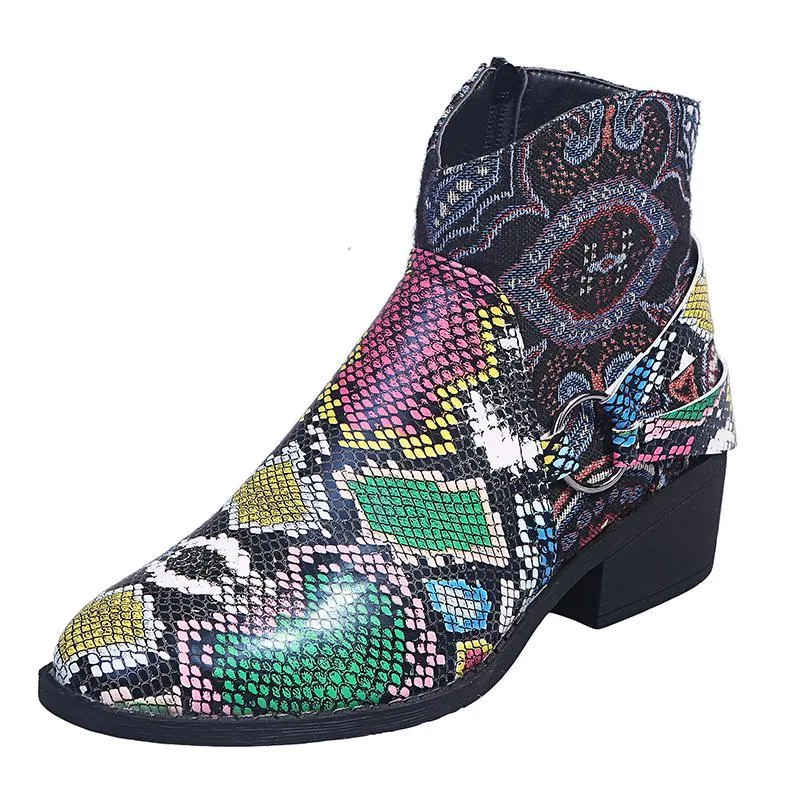 Chicvane Womens Snakeskin Printed Pointed Toe Low Chunky Heel Zipper Closure Ankle Boots