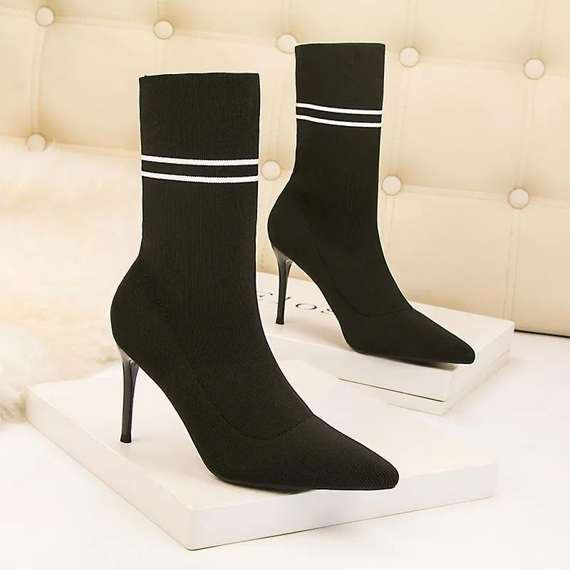 Chicvane Womens Striped Knitted Pointed Toe Stiletto Heel Mid Calf Boots