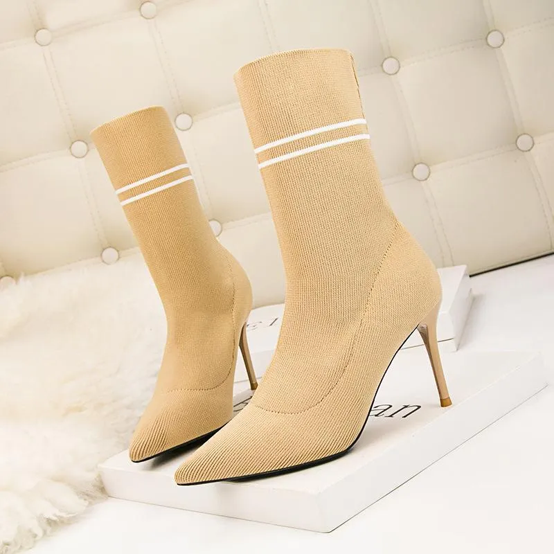 Chicvane Womens Striped Knitted Pointed Toe Stiletto Heel Mid Calf Boots