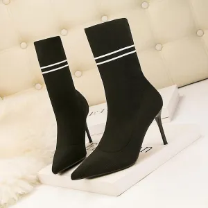 Chicvane Womens Striped Knitted Pointed Toe Stiletto Heel Mid Calf Boots
