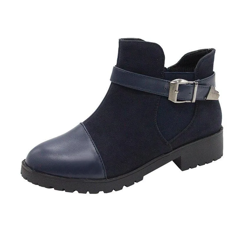 Chicvane Womens Suede Martin Boots Platform Chunky Heels Strap Buckle Ankle Booties