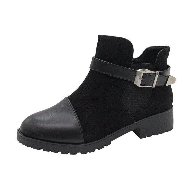 Chicvane Womens Suede Martin Boots Platform Chunky Heels Strap Buckle Ankle Booties