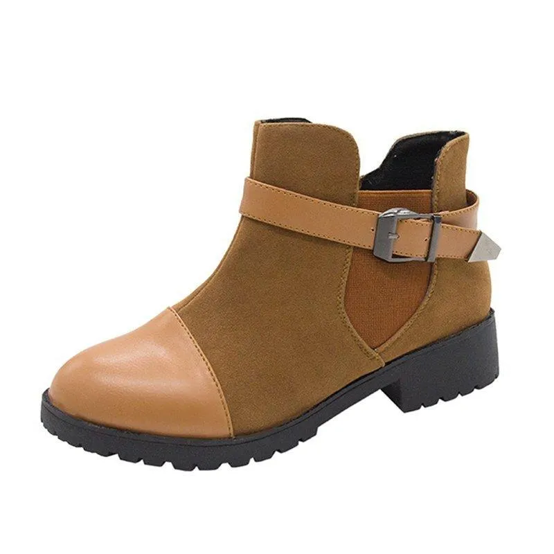 Chicvane Womens Suede Martin Boots Platform Chunky Heels Strap Buckle Ankle Booties