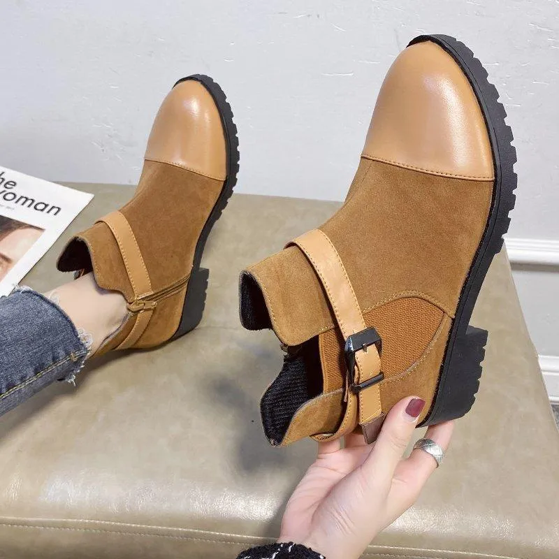 Chicvane Womens Suede Martin Boots Platform Chunky Heels Strap Buckle Ankle Booties
