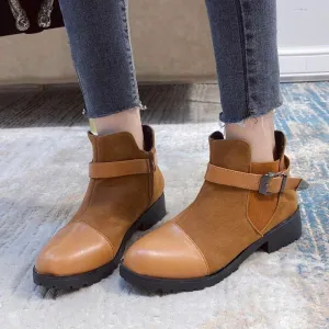 Chicvane Womens Suede Martin Boots Platform Chunky Heels Strap Buckle Ankle Booties