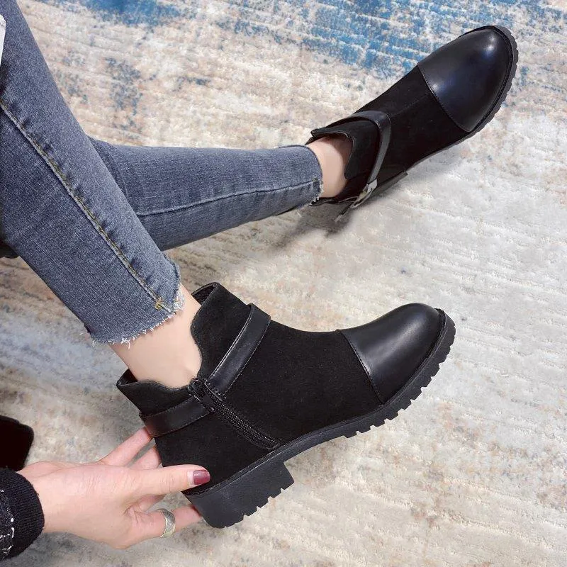 Chicvane Womens Suede Martin Boots Platform Chunky Heels Strap Buckle Ankle Booties