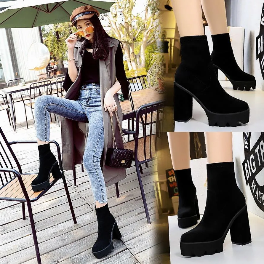 Chicvane Womens Suede Pointed Toe Platform Chunky Heel Mid Calf Boots