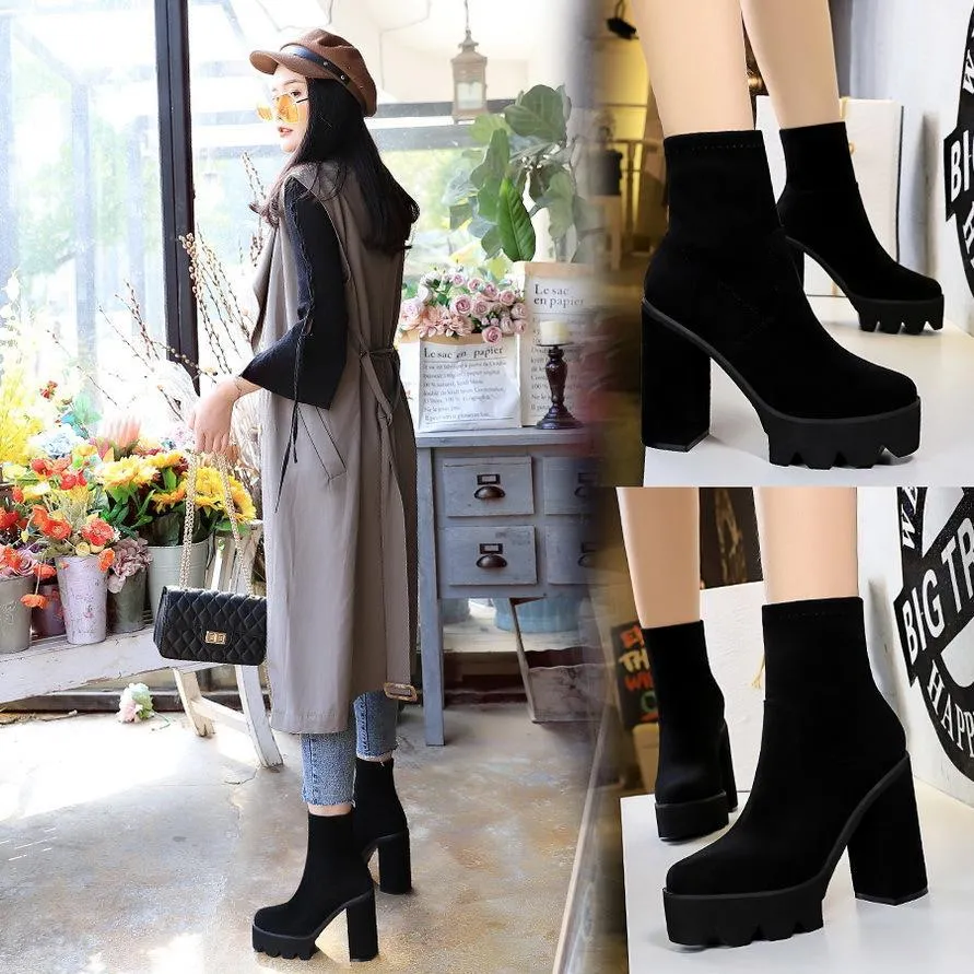 Chicvane Womens Suede Pointed Toe Platform Chunky Heel Mid Calf Boots
