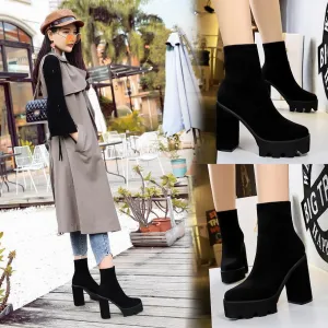 Chicvane Womens Suede Pointed Toe Platform Chunky Heel Mid Calf Boots