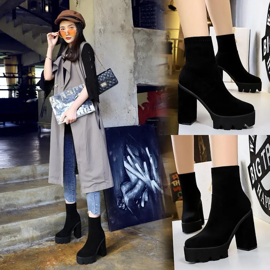 Chicvane Womens Suede Pointed Toe Platform Chunky Heel Mid Calf Boots