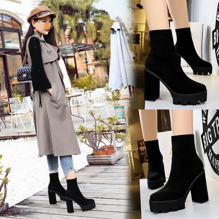 Chicvane Womens Suede Pointed Toe Platform Chunky Heel Mid Calf Boots