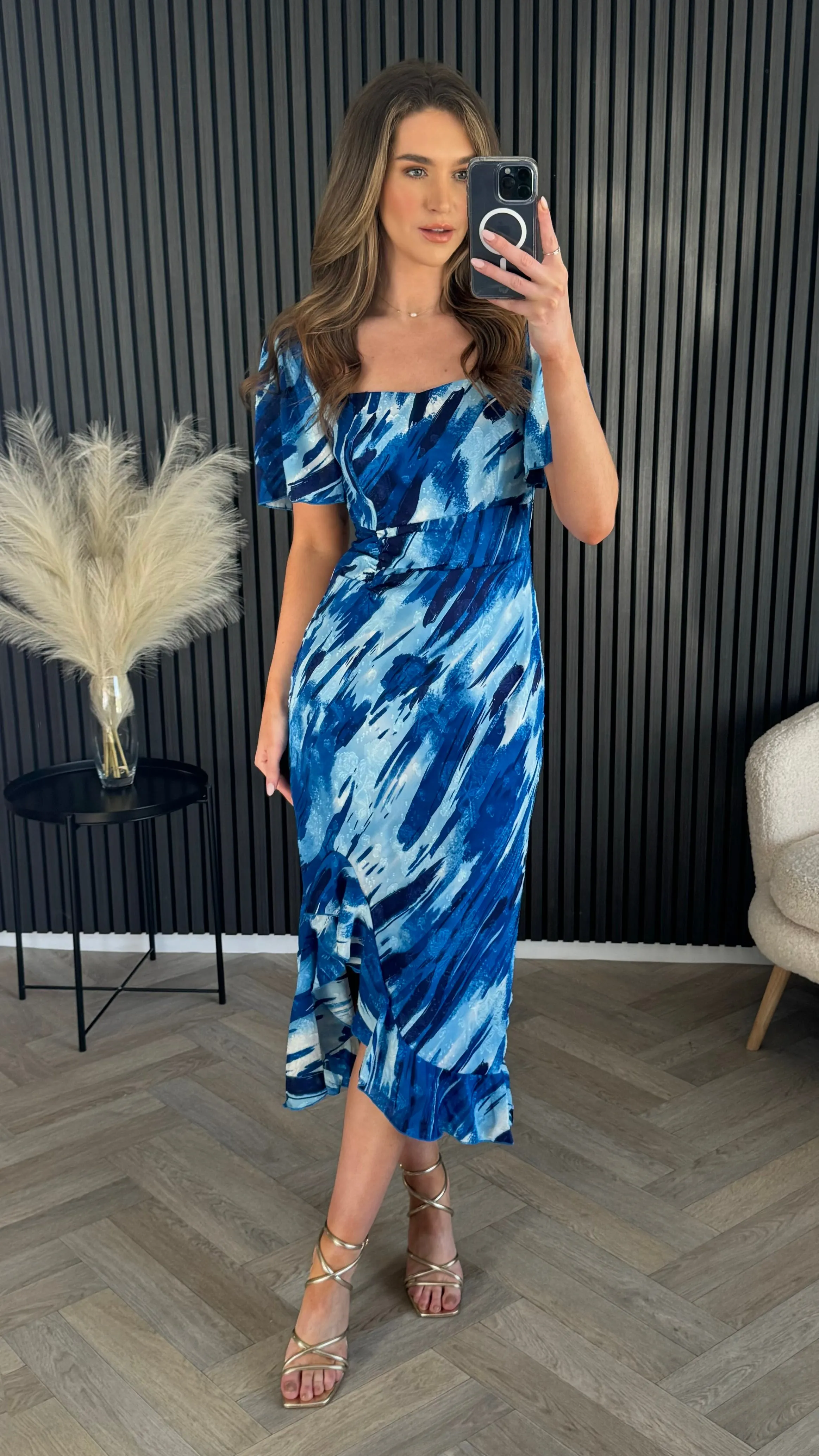 Colton Blue Abstract Printed Burnout Ruched Midi Dress