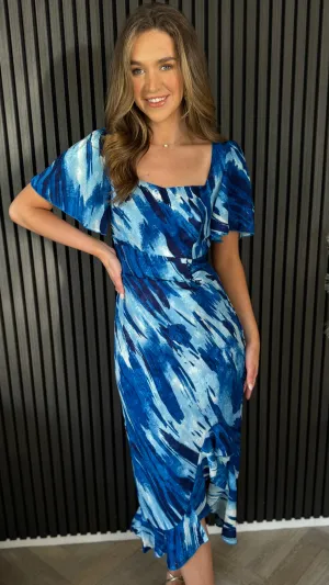 Colton Blue Abstract Printed Burnout Ruched Midi Dress